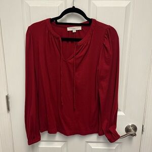 Loft Red Long Sleeve Tie Front Blouse, Small